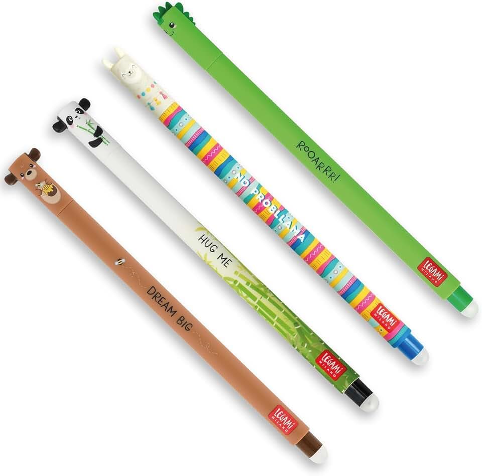 Legami - Set di 4 Penne Gel Cancellabili, Temi Dino, Teddy Bear, Panda, Llama, Sfera sull'Estremità per Rimuovere l'Inchiostro, Nero, Blu, Verde, Rosso, Termosensibile, Diametro Punta 0,7 mm