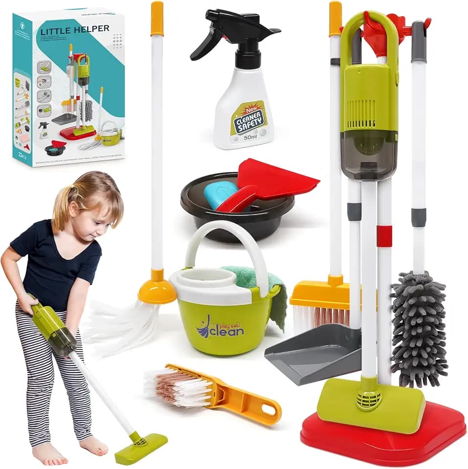 Dreamon Aspirapolvere Giocattolo Bambini, Set Pulizia Bambini Giocattolo da 14 Pezzi, Aspirapolvere 15 × 56 cm, per dai 3 Anni in su