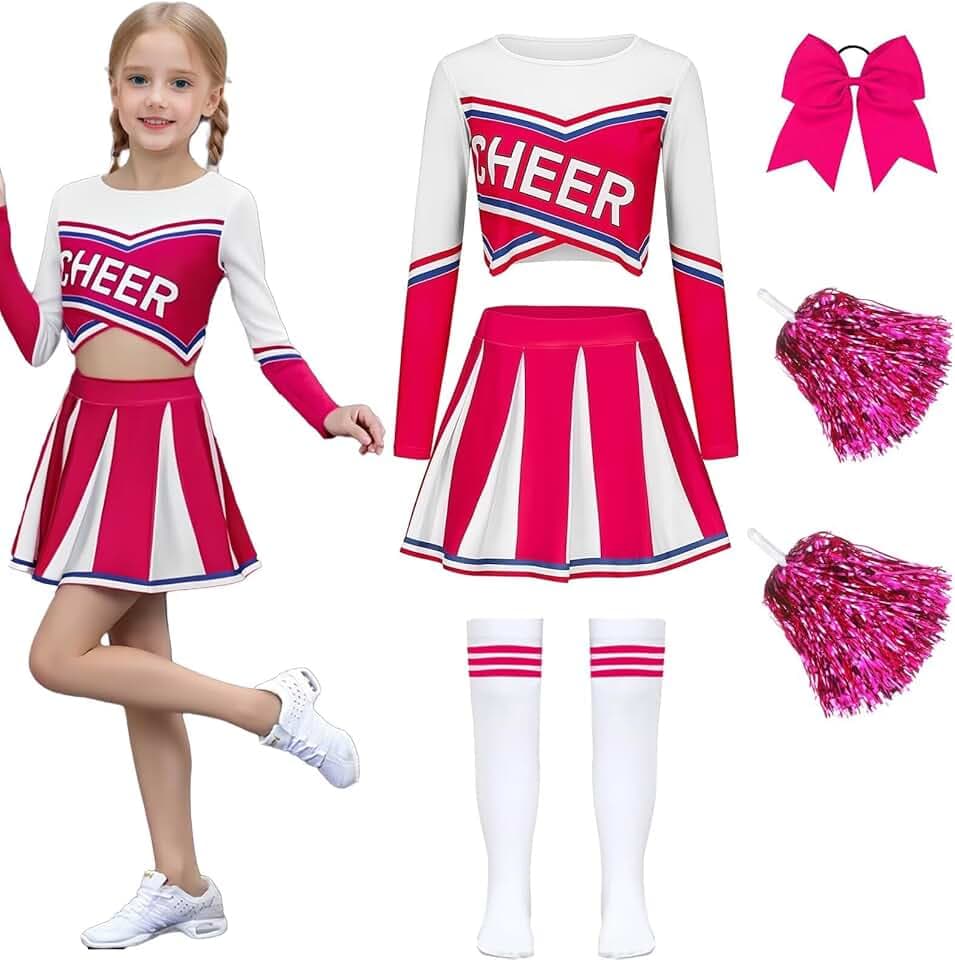 Luckyou Costume Cheerleader Bambina Vestito Cheerleader per Ragazze con Pompoms Calze per Carnevale Halloween Giornata Sportiva