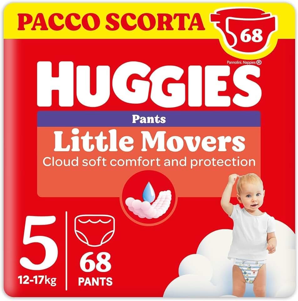 Huggies Little Movers Pannolini Mutandina Taglia 5 (12-17 Kg), Ultra assorbente, Protezione completa, 68 Pz