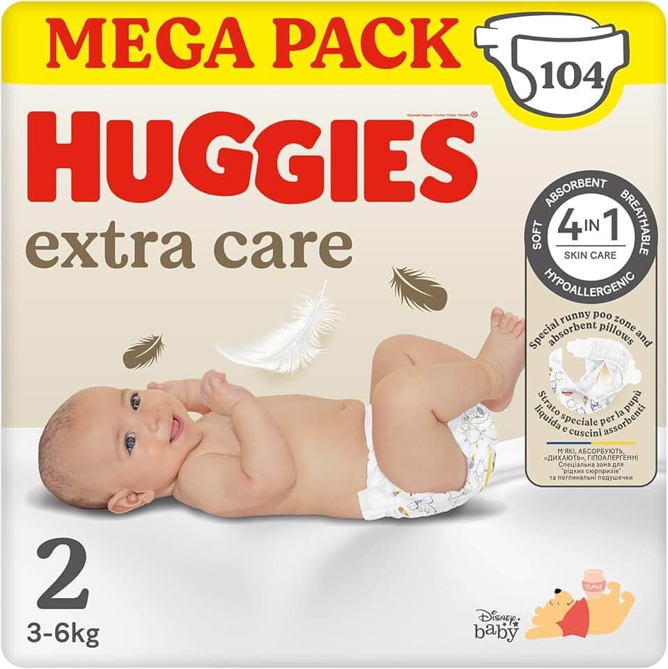 Huggies Extra Care Bebe, Pannolini Taglia 2 (3-6Kg), Ultra assorbente, Design Disney, Pacco Mega, 104 Pz