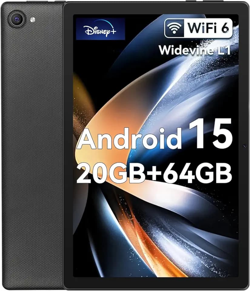 Whitedeer Tablet 10 pollici Android 15 Octa-Core, Face ID, OTG, 20GB+64GB+1TB Espansione, 1280 * 800 IPS, Split-Screen, WiFi 6, BT5.3, Doppia Fotocamera 5MP+8MP, 5000mAh, Widevine L1 (Nero)