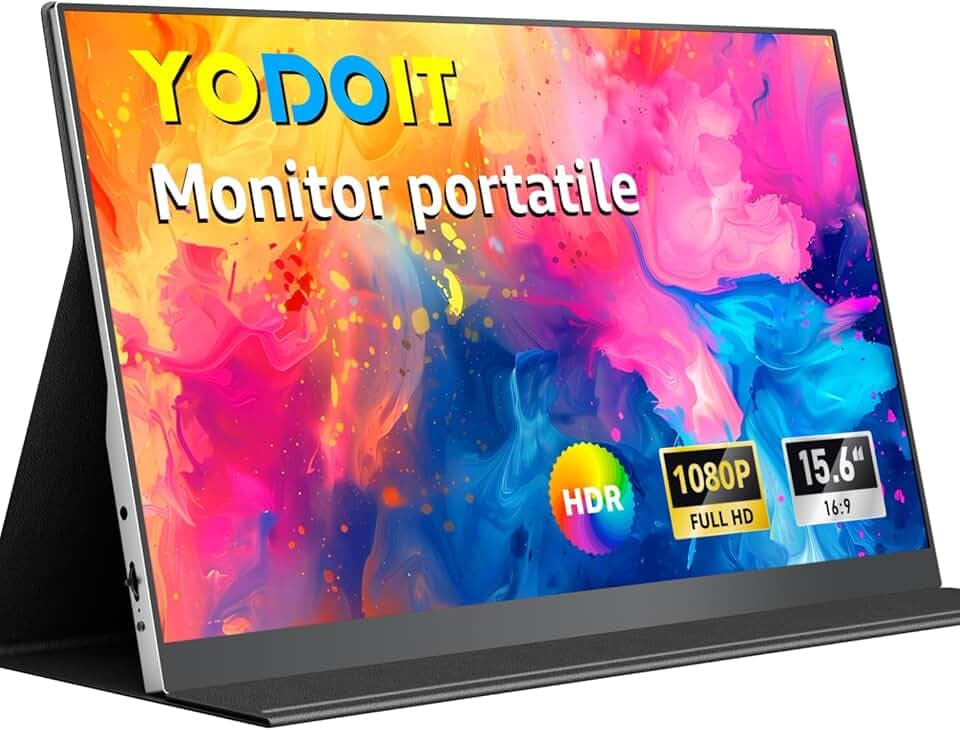 Yodoit Monitor Portatile da 15,6" con display IPS FHD 1920x1080P | Connettività USB-C e HDMI, altoparlanti integrati, con Smart Cover, per laptop, PC, Mac, PS3/4/5, Xbox Etichetta Energetica