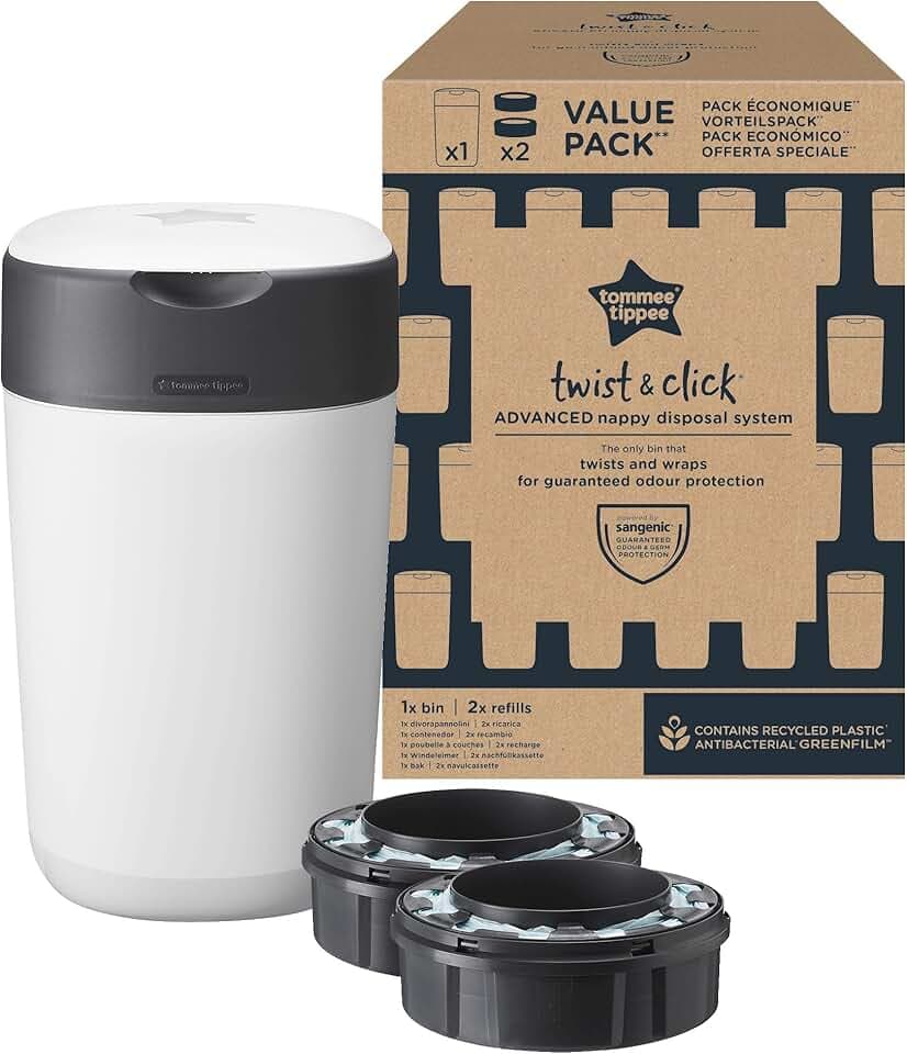 Tommee Tippee Twist and Click Mangiapannolini, confezione esclusiva con 2 ricariche, protezione garantita da odori e germi, grande capacità (la confezione può variare)