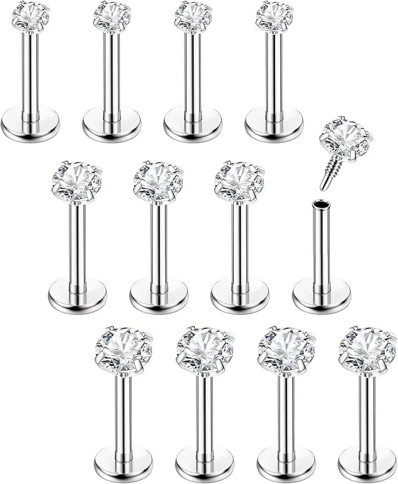 Chriscoco 16G 12Pcs Piercing Orecchio Acciaio Chirurgico Piercing Naso brillantino Piercing Labbro Piercing Helix 6/8mm per Donne Uomini