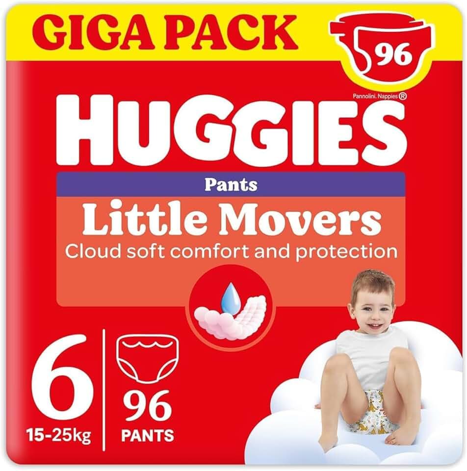 Huggies Little Movers Pannolini Mutandina Taglia 6 (15-25 Kg), Ultra assorbente, Protezione completa, 96 Pz