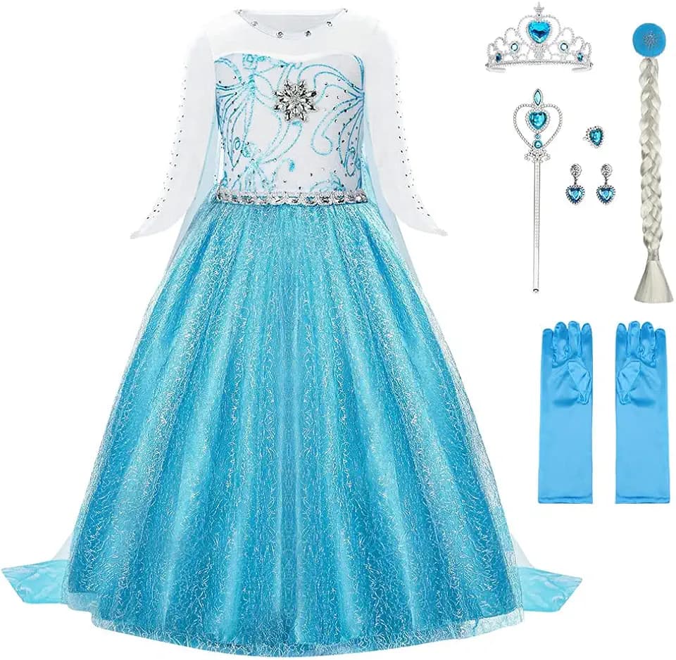 URAQT Costume di Principessa, Set da Principessa Corona Bacchetta Guanti Treccia, Costume di Cosplay Party Halloween Costumi Abito delle Ragazze di Natale Vestito Fantasia (Verde Chiaro-100-150)