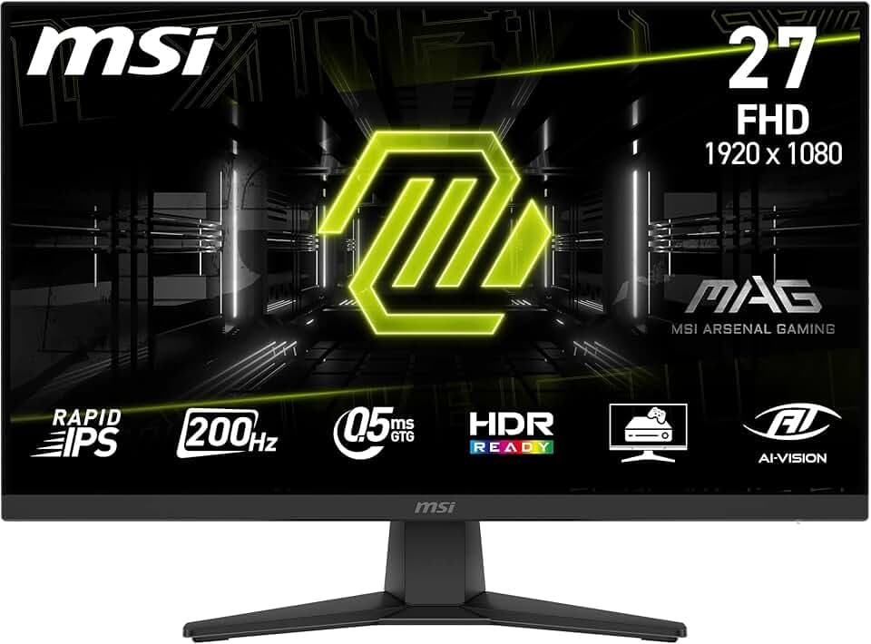 msi MAG 272F Monitor Gaming 27", FHD 1920x1080, 200Hz, 0,5ms, HDR Ready, AMD FreeSync Premium, Eye Care, AI Vision, HDMI 2.0b, DP 1.2a, Supporto Regolabile in Inclinazione, Montaggio VESA, Nero