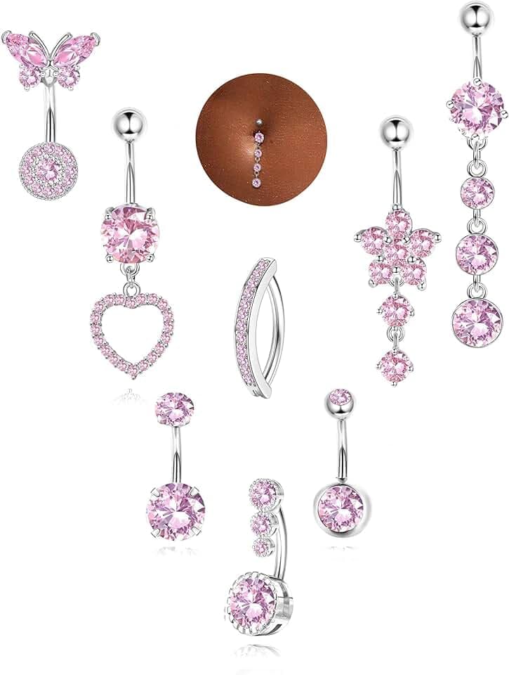 Milacolato Piercing Ombelico Acciaio Chirurgico, Set di 8 Navel Piercings, Gioielli Pendenti per la Cute a Fiore, Cuore e Farfalla, Gioielli per Gioiello per l'Addome Clicker per Donne e Ragazze