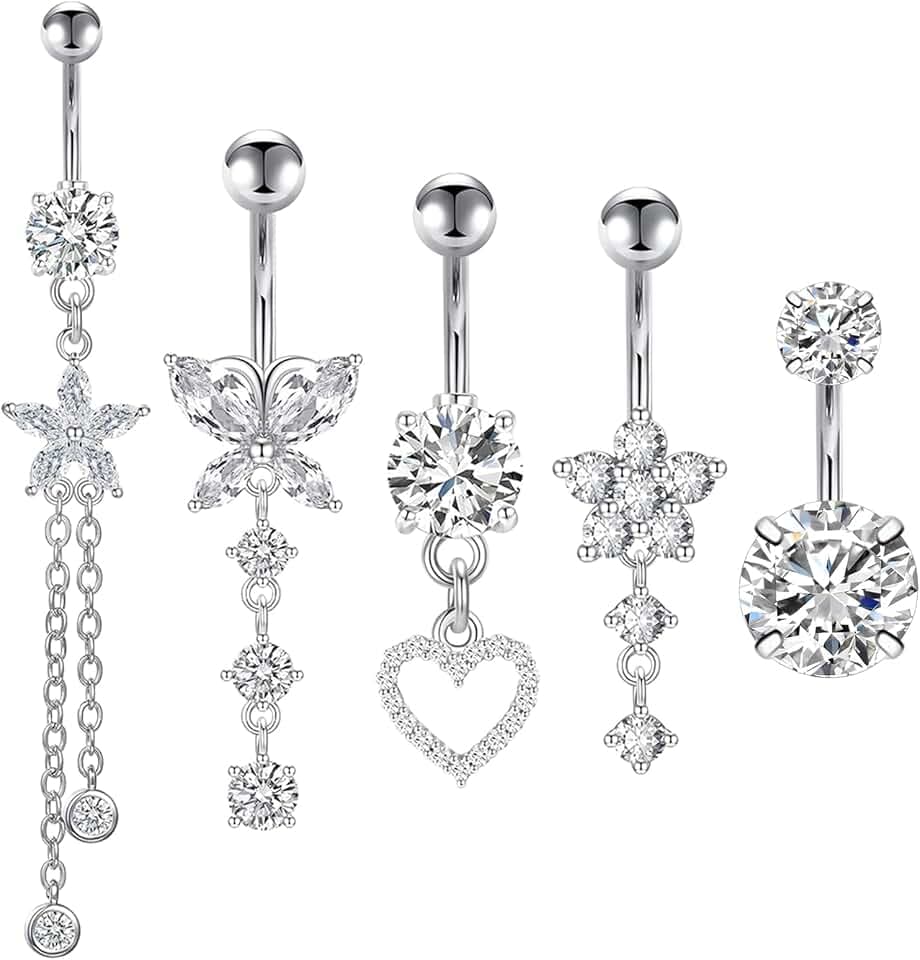 Kunaxku 5PCS Piercing Ombelico G23 Titanio Piercing Ombelico Anello 14G CZ ombelico Barra Pierce Pancia Bar Lungo Ombelico Barbell Ventre Anello Pierce Gioielli for Donna Uomo 5/8/10mm