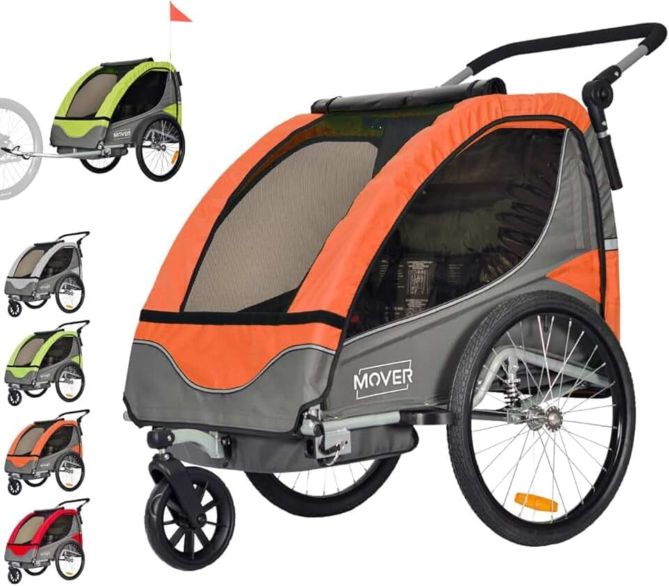 PAPILIOSHOP MOVER Rimorchio Bici per Bambini Passeggino. Anti Rovesciamento Barriera di protezione per le ruote finestre in PVC. 2 posti cintura di sicurezza a 5 punti porta oggetti sedile imbottito