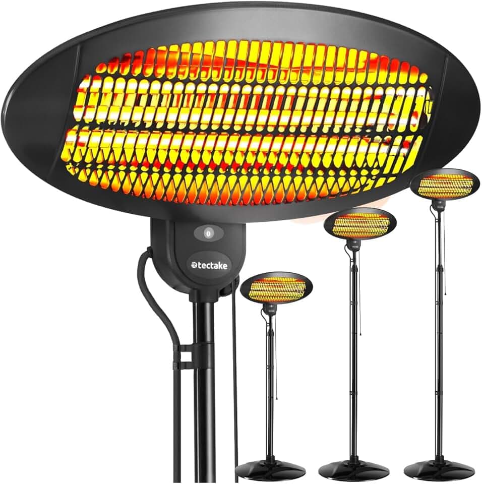tectake® Riscaldatore a infrarossi, 2000W, Lampada Riscaldante Regolabile in Altezza, per Interni ed Esterni, Lampada Infrarossi Riscaldante, 3 Livelli di Potenza, Protezione Anti-Ribaltamento - Nero
