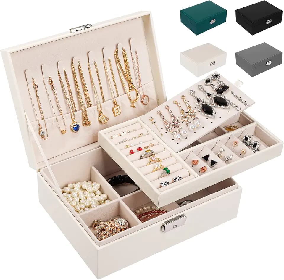 LUZOON LUZOON Portagioie Donna Ragazza, Grande Porta Gioielli Bambina a 2 Strati in Pelle PU Scatole Portagioielli Cofanetto per Collane, Orecchini, Bracciali-Chiudibile a Chiave con Chiave-Bianco