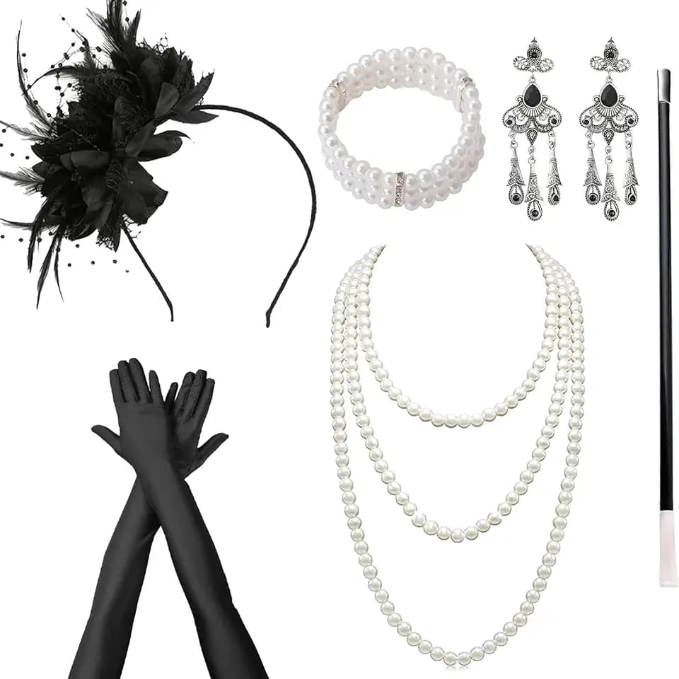 DTAOZFA Set di accessori anni 20, set di accessori anni 1920 per donne, accessori per abito anni 20, perfetto per carnevale, festa danzante con fascia, bracciale, collana, guanti, orecchini, tubo