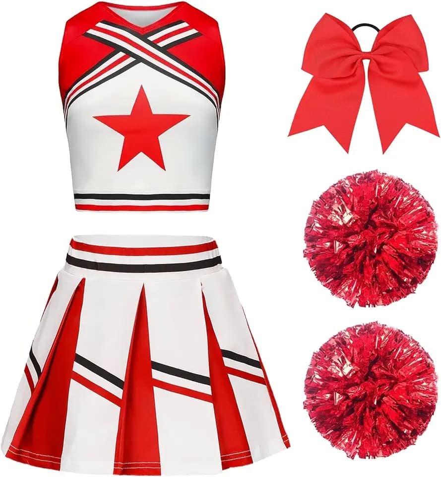 Vestito Cheerleader Bambina Costume da Cheerleader per Ragazze Bambini con Pon Pon Cheerleader e cerchietto per capelli Uniforme da Cheerleader Bambina per Carnevale Compleanno Halloween Feste Cosplay