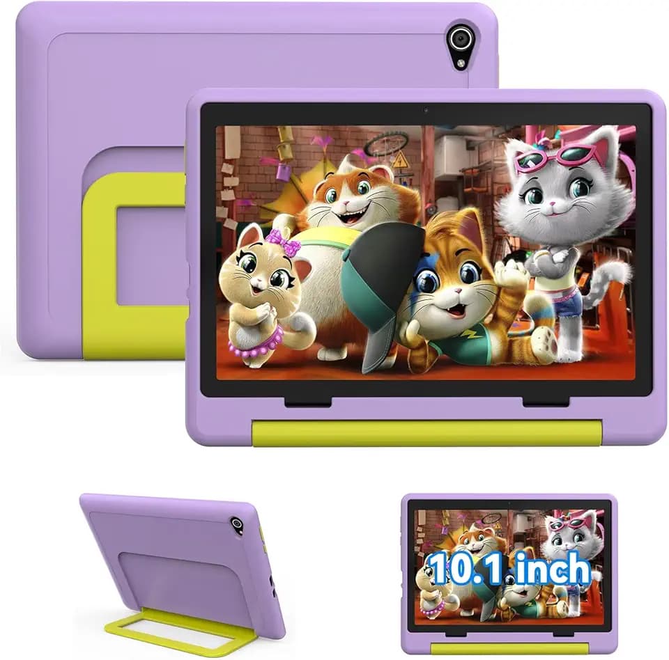 Tablet Bambini 10 Pollici Android 15 Octa-Core 20 GB RAM 64 GB ROM (TF 1TB) WiFi 6 Tablets Controllo Parentale 1280x800 Doppia Fotocamera 5MP+8MP 5000 mAh Custodia Protettiva 3 Adesivi DIY (Viola)