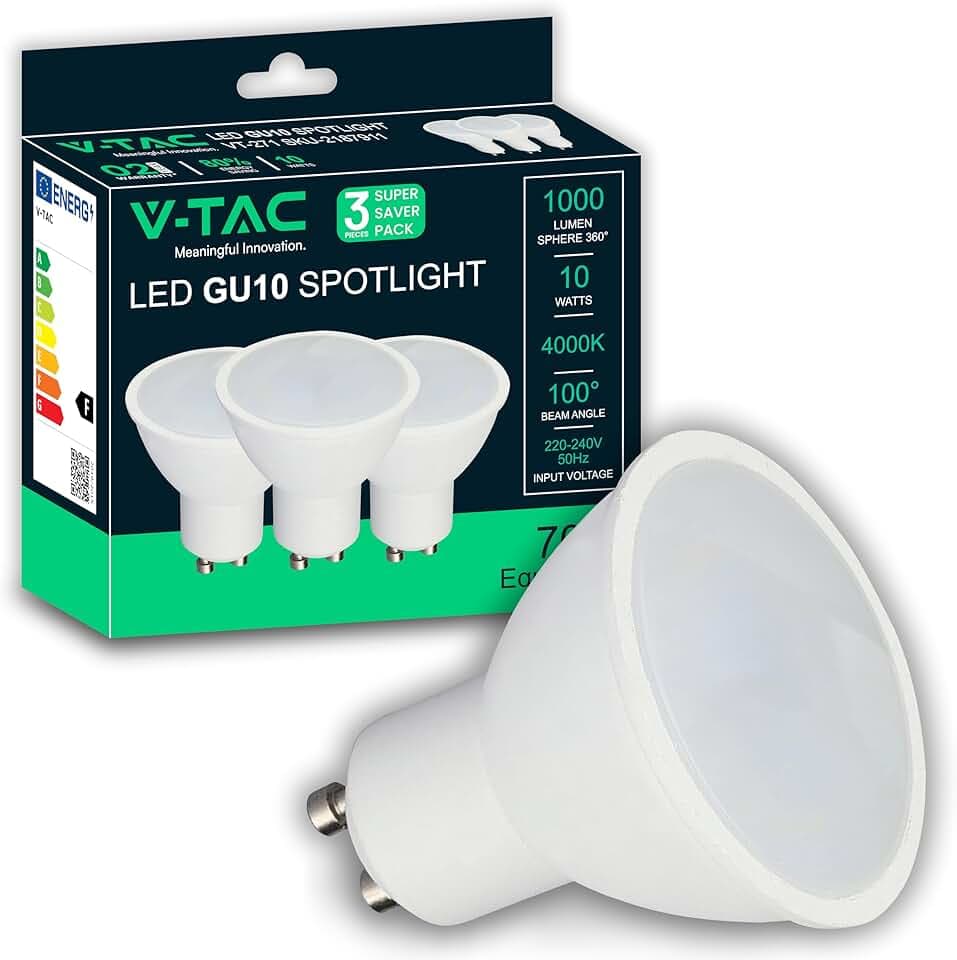 V-TAC 3x Lampadine LED GU10 - Alta Luminosità 10W (Equivalenti a 70W) - 1000 Lumen- Faretto Led GU10 per Massima Efficienza e Risparmio Energetico - 4000K Luce Naturale