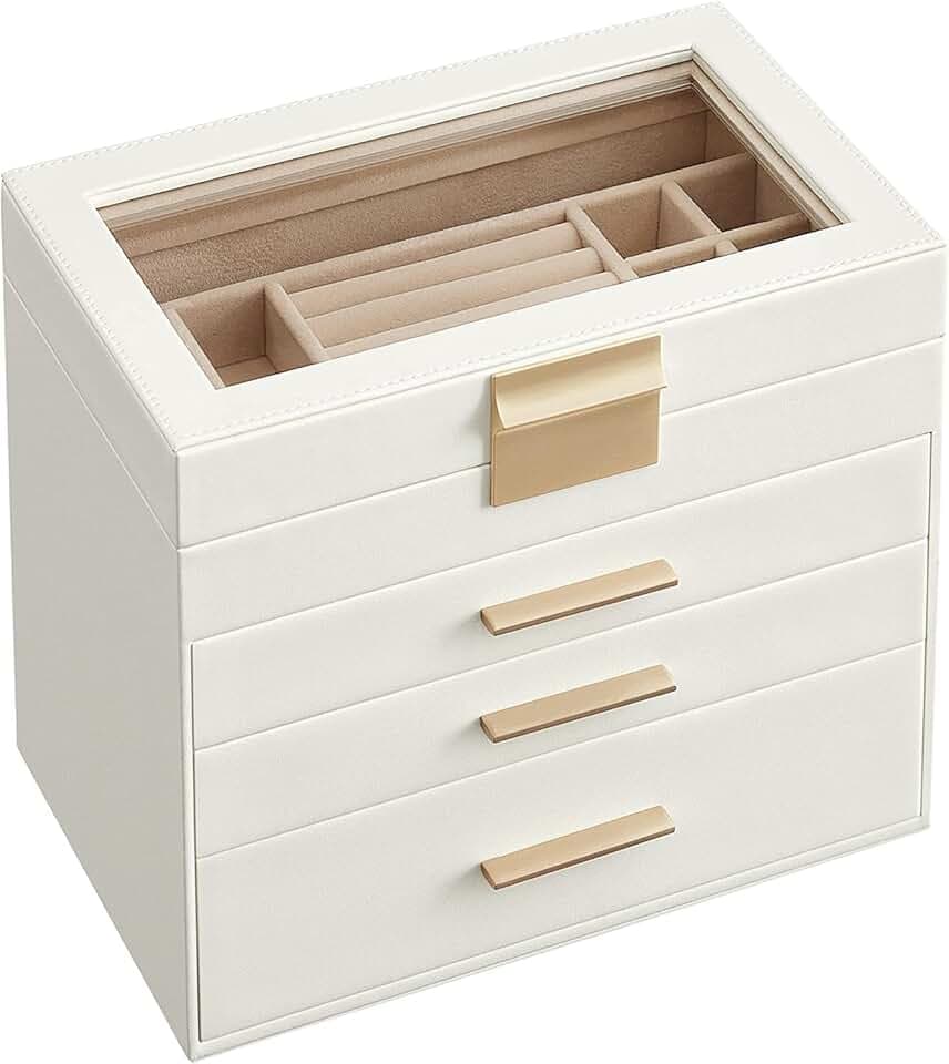 SONGMICS SONGMICS GISELLA Collezione - Scatola Portagioie con Coperchio in Vetro, 4 Livelli, Porta Gioielli con 3 Cassetti, Moderno, Idea Regalo, Bianco Nuvola e Dorato, 15,3 x 25,1 x 21,5 cm JBC161W01