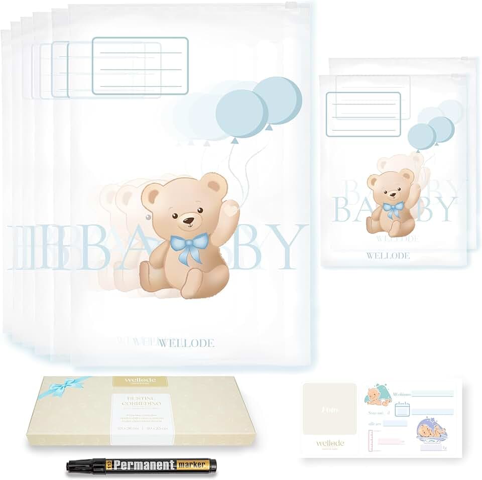 8 Bustine Corredino Neonato Ospedale Teddy Bear, 6 Grandi e 2 Piccole - Sacchetti Cambio Neonato Riutilizzabili per Asilo e Viaggi - Idea Regalo Nascita Baby Shower e Lista Nascita Bebè