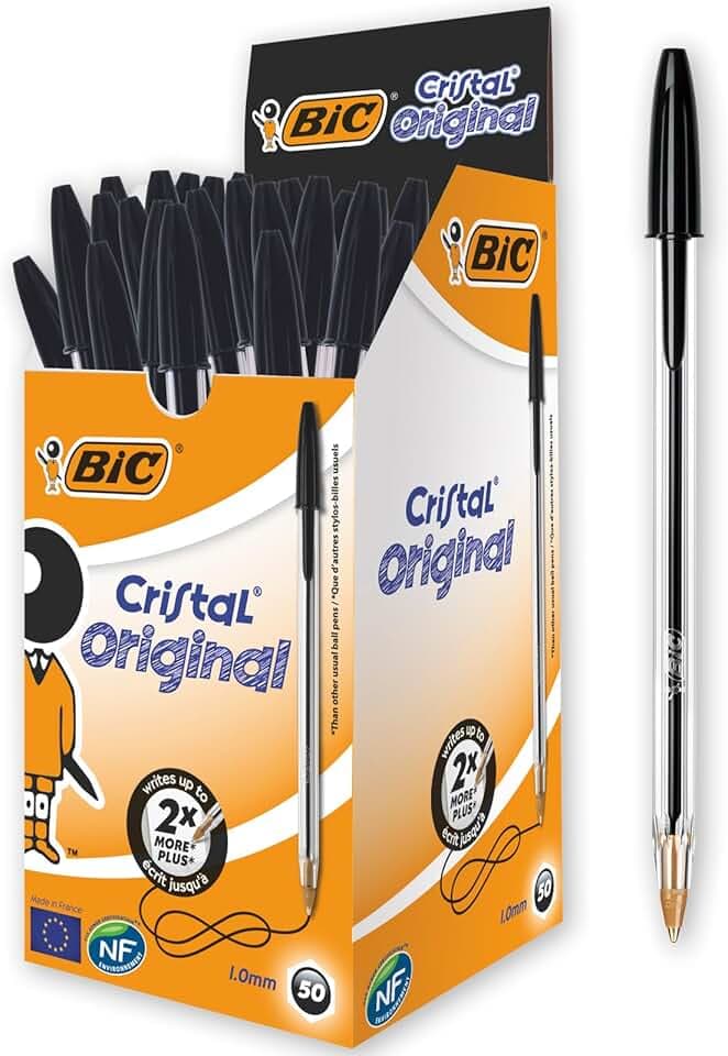 BIC Cristal Original, Penne Nere a Sfera, Punta Media, 1 mm, Confezione 50 Penne, Fornitura per Cancelleria Scuola e Ufficio
