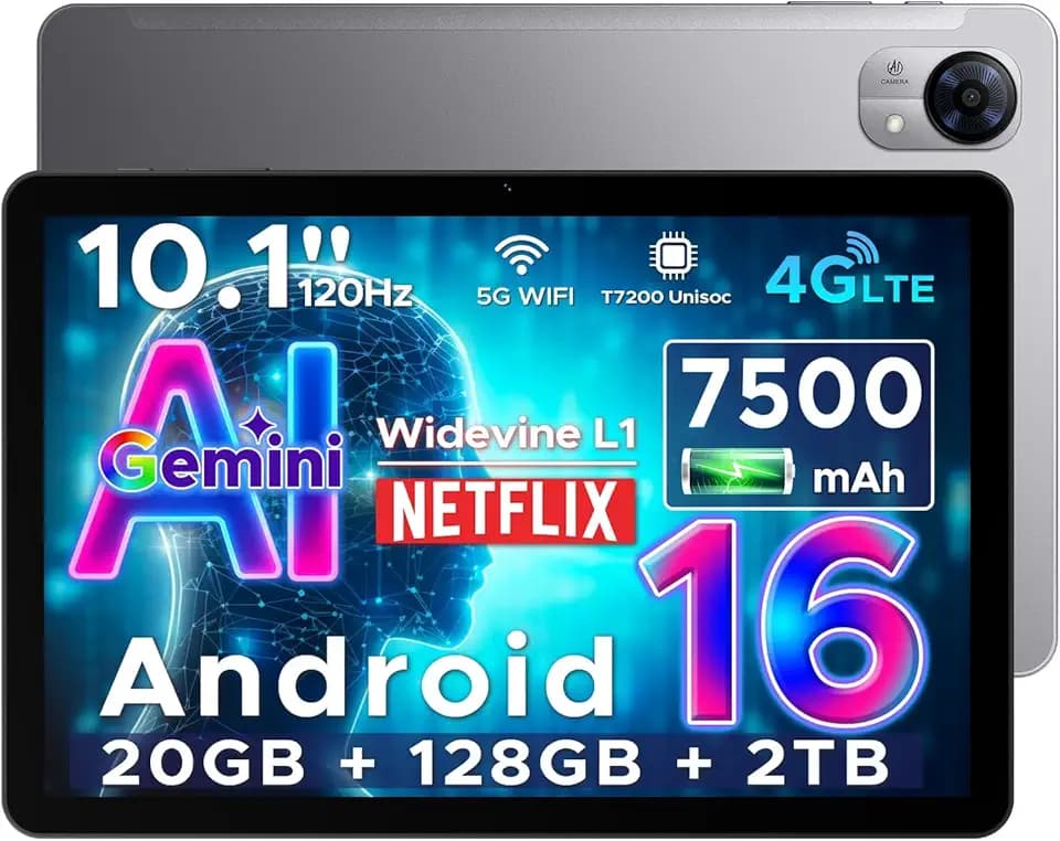DOOGEE Tab G5 Android 16 Tablet con Sim, Tablet 10 Pollici Gemini AI, 20GB+128GB/2TB & T7200 Octa Core, 7500mAh, IPS HD 120Hz e Ultrasottile, 2 Altoparlanti/Widevine L1/8MP+5MP/Face ID/GPS-Grigio