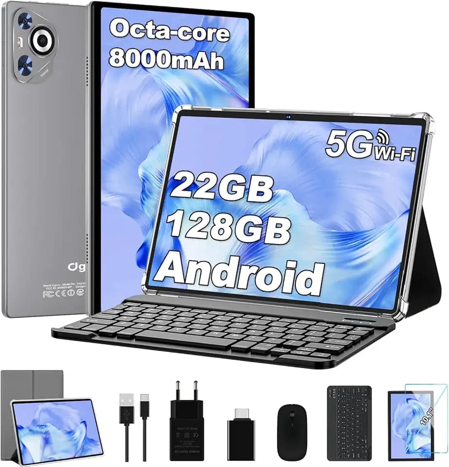 2026 Tablet 10 Pollici Android Tablet, 8000mAh, 22GB RAM 128GB ROM/TF 1TB, Octa-Core, Gemini AI, Corpo in Metallo, Face ID, Doppio WiFi, BT 5.0, Widevine L1, Protezione Occhi, Tastiera, Mouse, Grigio