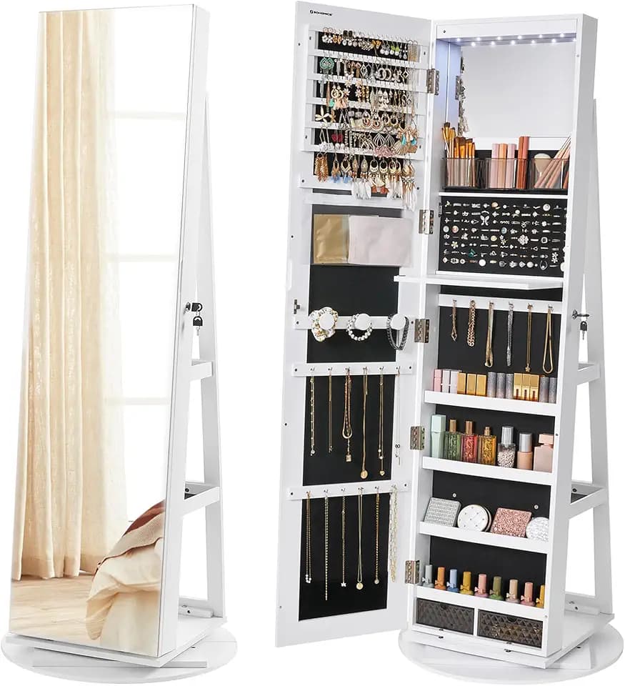 SONGMICS SONGMICS Specchio Portagioie con 6 Luci a LED e Chiusura, Armadietto Portagioie Girevole a 360° Specchio a Figura Intera senza Cornice, 3 Ripiani, Superficie Bianca, San Valentino, JJC007W01 The Forest Stewardship Council