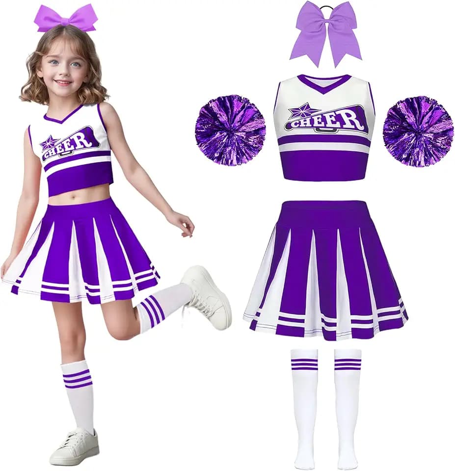 Wuzfully Costume da cheerleader per bambine con pompon e fascia per capelli Uniforme da cheerleader Carnevale Compleanno Halloween Cosplay Feste, 3-15 anni