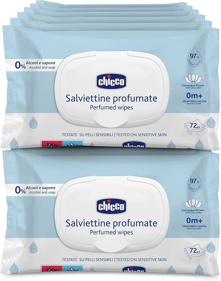 Chicco Salviette multiuso per neonati con placca senza alcool, profumate per pelli sensibili, confezione multipla da 864 salviette, 12 confezioni da 72 panni