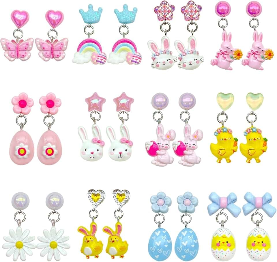 UJBVCX 12 Paia Orecchini a Clip Bambina, Orecchini Pendenti a Clip Colorati, Arcobaleno Fiori Farfalla Resina Senza Fori Orecchino, al Feste, Accessori Quotidiani per Ragazze
