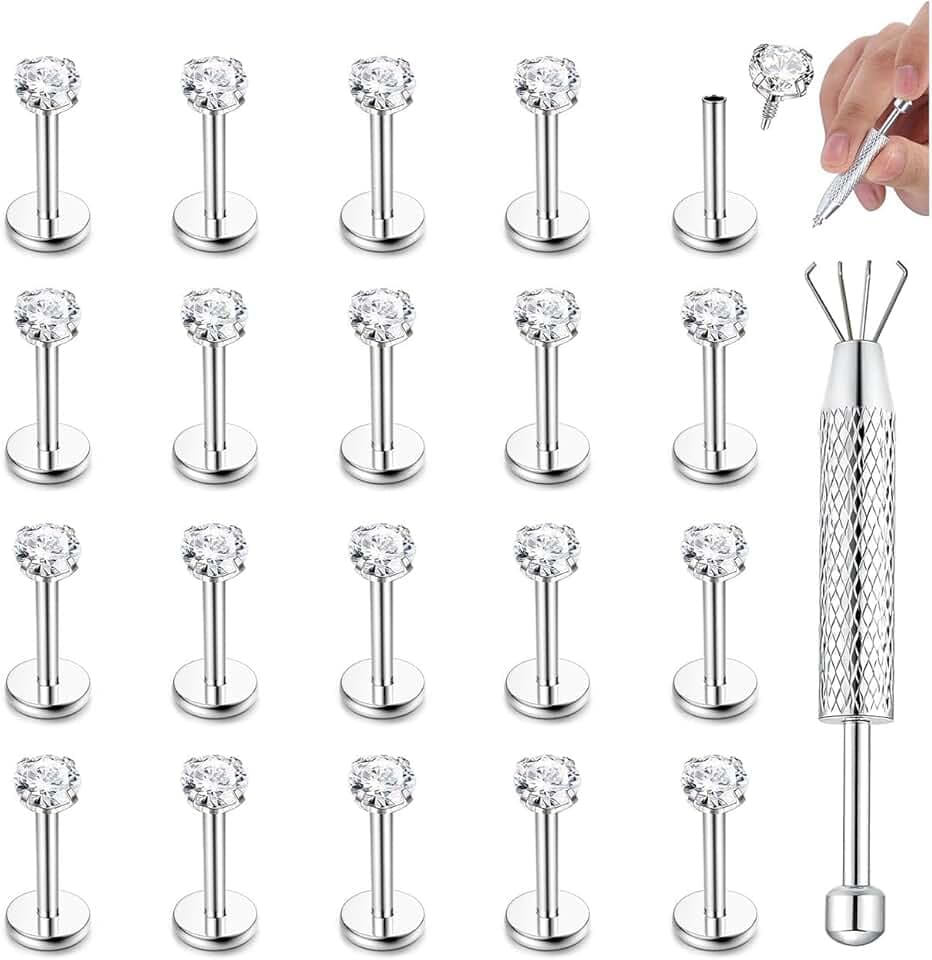 CASSIECA 20Pcs 16G Piercing Labret Acciaio Inossidabile Piercing Labbro Piercing Trago Helix Piercing Conch Naso Piercing Cartilagine Orecchini Gioielli Argento Oro Verticale Labret 6/8/10mm ClimeCo Certified