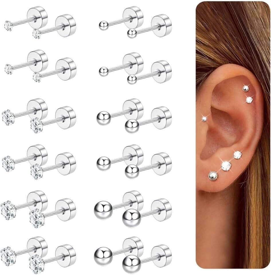 CASSIECA 12Paia Orecchini Acciaio Chirurgico Orecchini Anallergici Donna Uomo Argento Oro Piercing Orecchio Acciaio Chirurgico CZ Cartilagine Piercing ClimeCo Certified