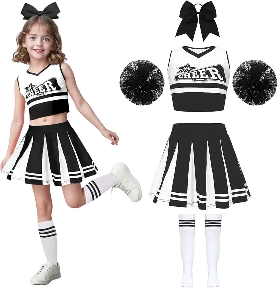 Wuzfully Costume da cheerleader per bambine con pompon e fascia per capelli Uniforme da cheerleader Carnevale Compleanno Halloween Cosplay Feste, 3-15 anni