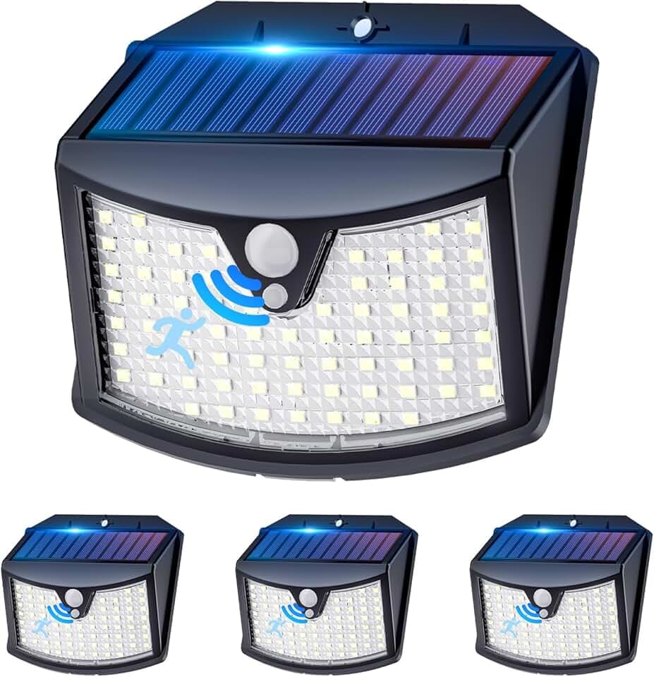 Luce Solare Led Esterno, 3 Modos IP65 Impermeabile Faretto LED da Esterno con Sensore di Movimento, Lampada Solare da Esterno per Giardino, Parete, Garage (4 Pezzi Bianco Freddo)