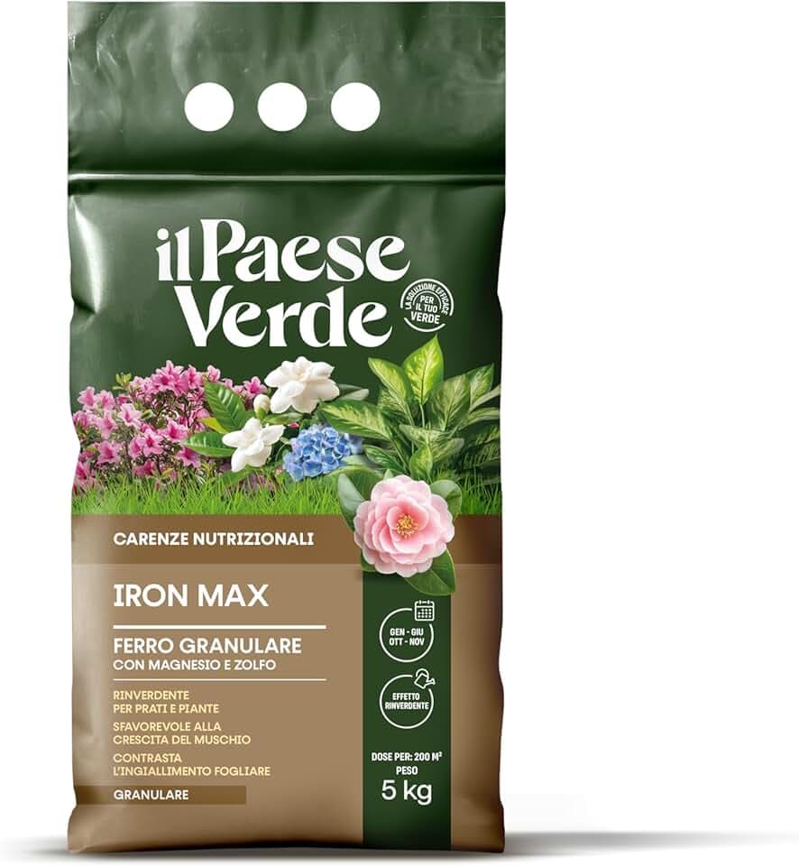 Il Paese Verde Iron Max - Solfato Di Ferro Granulare Antimuschio Per Prato E Rinverdente Per Piante Con Azione Acidificante Terreno, Concime Prato Granulare Ricco Di Ferro, Magnesio E Zolfo - 5KG