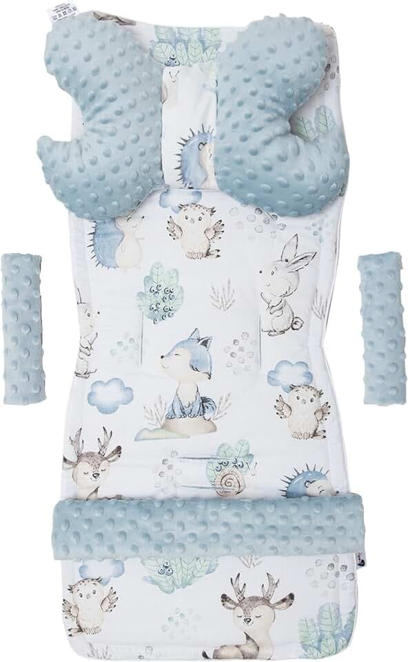 Medi Partners Riduttore Passeggino Universale Materassino Copri Neonato Cuscino - 5 elementi 78x35cm Copripasseggino Estivo per Neonati Cotone Minky (Cervo e Riccio con Minky celeste)
