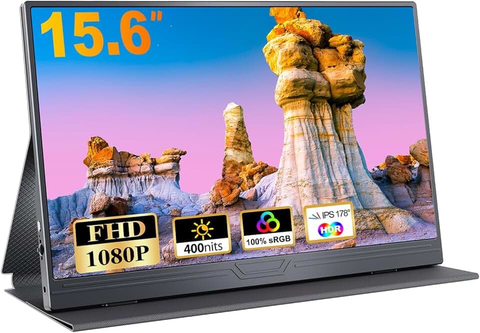 Monitor Portatile, 15.6'' IPS FHD 1920x1080 con HDR, Sottile e Leggero, USB-C Tipo C HDMI Display con Altoparlanti, Compatibile con PC Laptop Xbox PS4/5 MacBook Etichetta Energetica