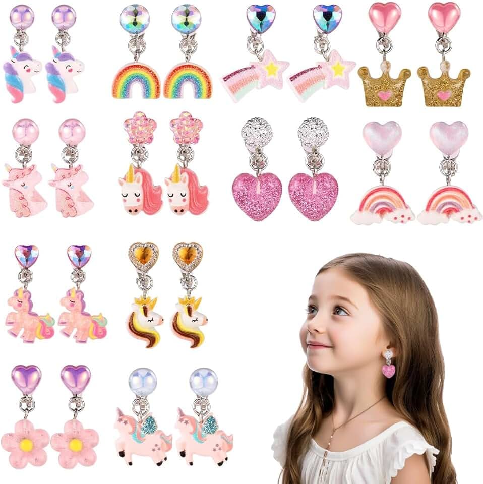 ZILZUFA Orecchini a Clip per Ragazze, 12 Paia di Orecchini a Clip per Ragazze, Orecchini in Resina Non Allergici, Accessori per Gioielli da Principessa per Ragazze, Unicorno, Arcobaleno