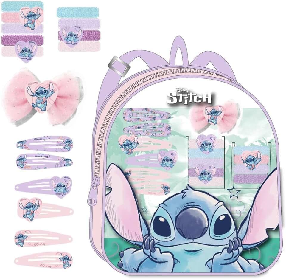 CERDÁ LIFE'S LITTLE MOMENTS Stitch Beauty Set - Include Zaino, 1 Fiocco, 6 Forcine e 9 Elastici - Multicolore - Ideale per sorprendere i tuoi bambini - Design ispirato a Stitch - Prodotto originale progettato in Spagna