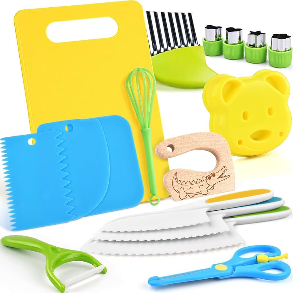 Set di Coltello da Cucina per Bambini per la vera cucina- 17 pezzi Coltelli di sicurezza per bambini per tagliare e cuocere frutta o verdura | Utensili Cucina Montessori, Reale Set Cucina per bambini Global Recycled Standard