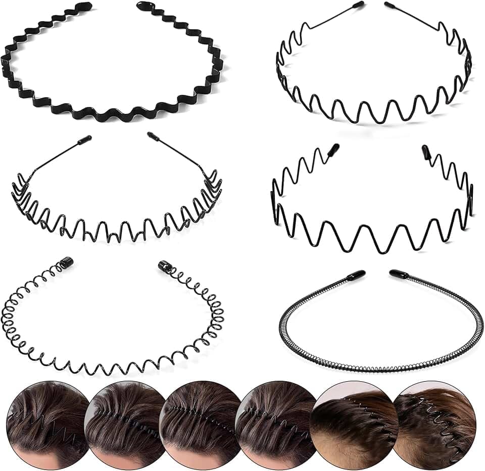 Elalove 6 Pezzi Cerchietti per Capelli in Metallo a Onda, Fasce Elastiche Unisex per Uomo e Donna, Design Antiscivolo per Sport, Yoga e Stile Quotidiano