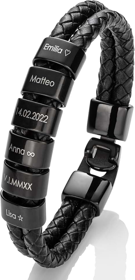 MYCLUSIV Bracciale da Uomo in Pelle con Incisione Personalizzata – Regalo per Papà – Bracciale Nero in Vera Pelle con Nome