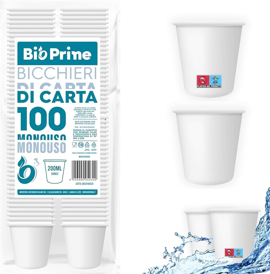 100pz - Bicchieri Acqua in Carta 200ml - Bicchieri 200ml Biodegradabili - Per Bevande Calde, Acqua e Bibite - Bicchieri Usa e Getta.