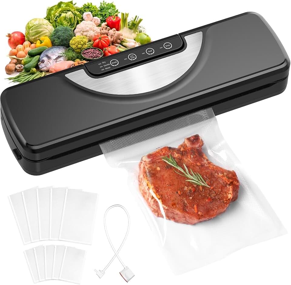 Macchina Sottovuoto Alimenti 5 in 1 con Taglierina Incorporata, Automatica Sigillatore Sottovuoto Macchina per Alimenti Secchi che Umidi con 10 Sachetti Sottovuoto e Tubo Sottovuoto