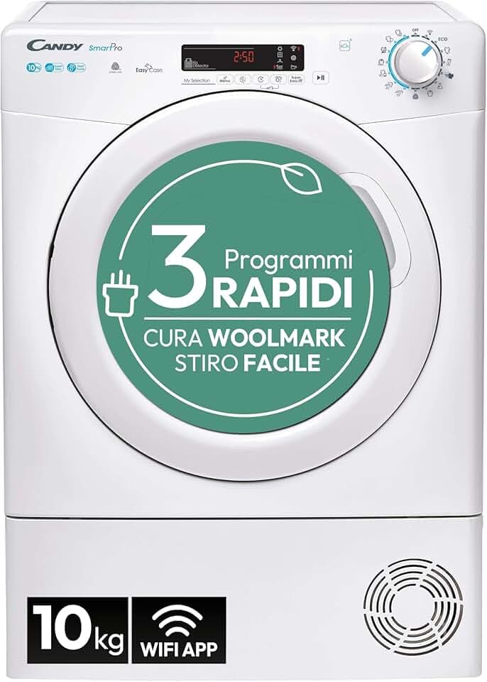 Candy Smart Pro Asciugatrice 10 Kg a Pompa di Calore, Libera Installazione, Connessione Wi-Fi, Controllo da App, 59,6 x 58,5 x 85 cm, Bianca - CSOE H10A2DE-S [Classe di efficienza energetica E]