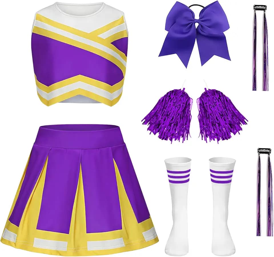 Luckyou Costume Cheerleader per Bambina Vestito Cheerleader Bambina con parrucca brillante, pompon e fiocco per Carnevale Halloween Fancy Dress Up