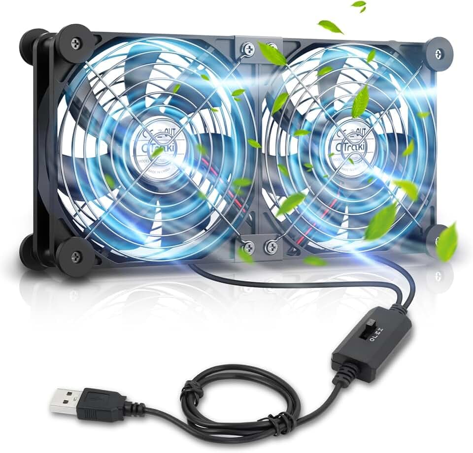 OTraki Ventola USB 14CM×14CM×2.5CM 3 Velocità Regolabili, Ventola Doppia con 8 Piedini Ammortizzanti per PC, Laptop, Proiettori, Router e Altri Dispositivi PS5, PS4, TV Box