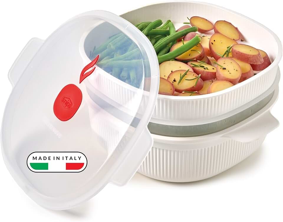 Snips - Vaporiera Microonde Bianca 4L con 2 Vassoi Sovrapponibili per Doppia Cottura a Vapore, Contenitori per Alimenti - Contenitore per Microonde, 26.5x22x13.5 cm, Made in Italy