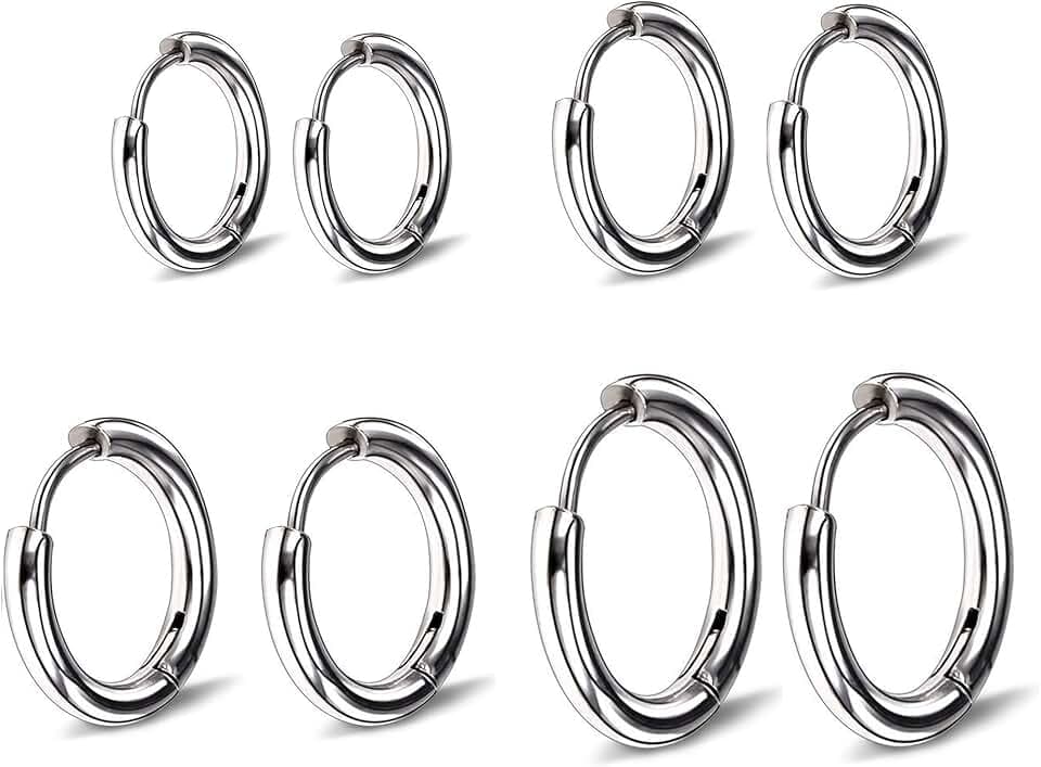 LONSVTTU 4 paia di orecchini Argento a cerchio per uomini e donne, leggeri, cartilagine, ipoallergenico, 8-14 mm, Acciaio Inossidabile Piccoli