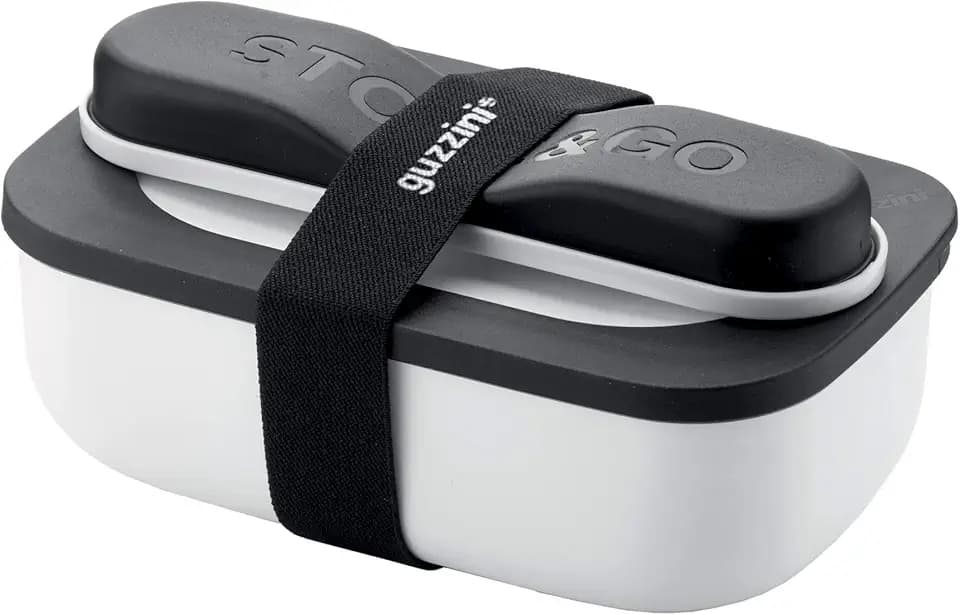 Guzzini Store On The Go Store&Go Set Lunch Box con Posate da Viaggio, 20 x 12 x h7 cm, 900ml-Bianco, Polipropilene, Thermo Poli Rock, Stainless Steel, Bianco, 02